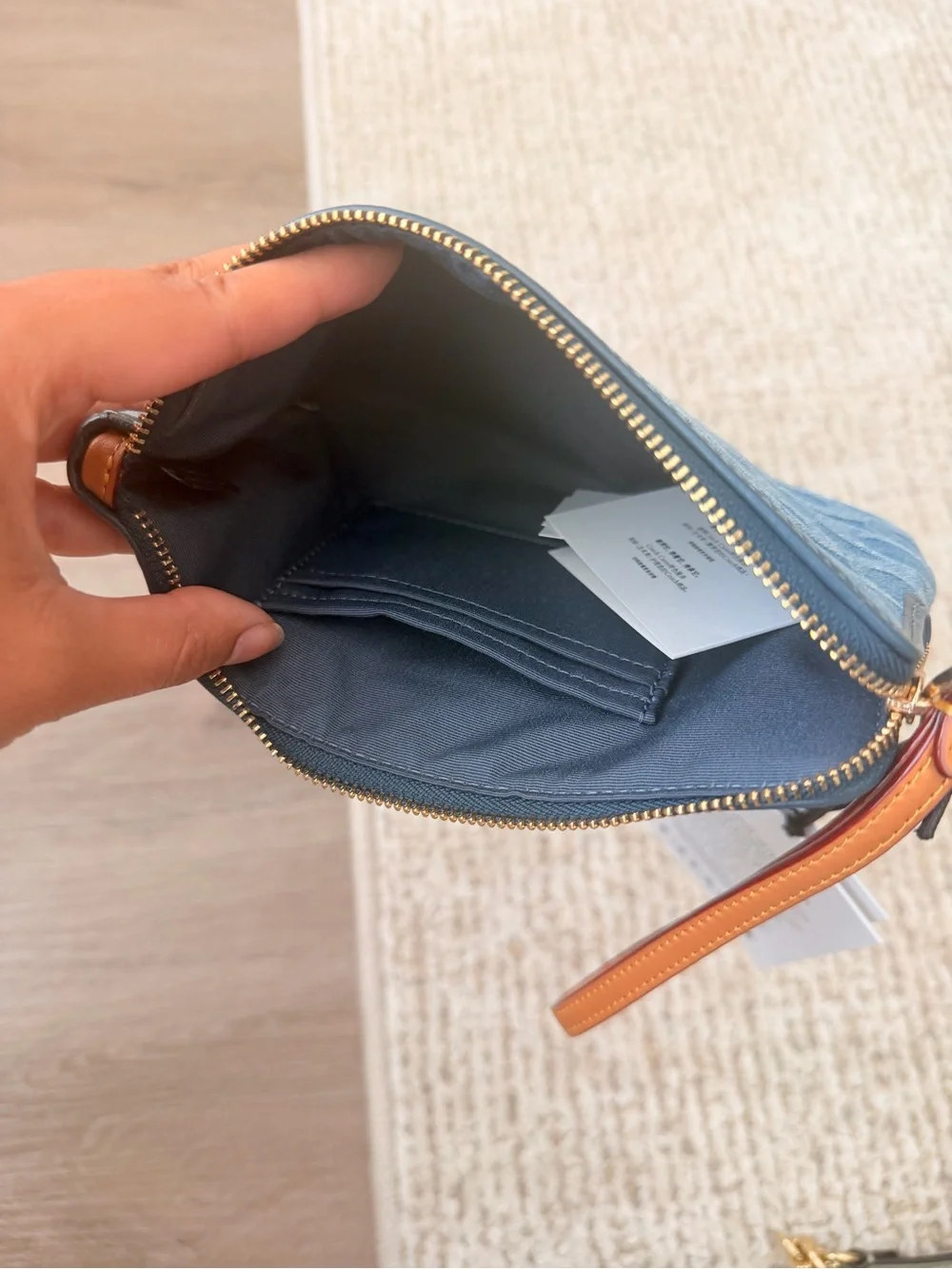 Coach Blue Denim Signature Wristlet with Tan Leather Strap